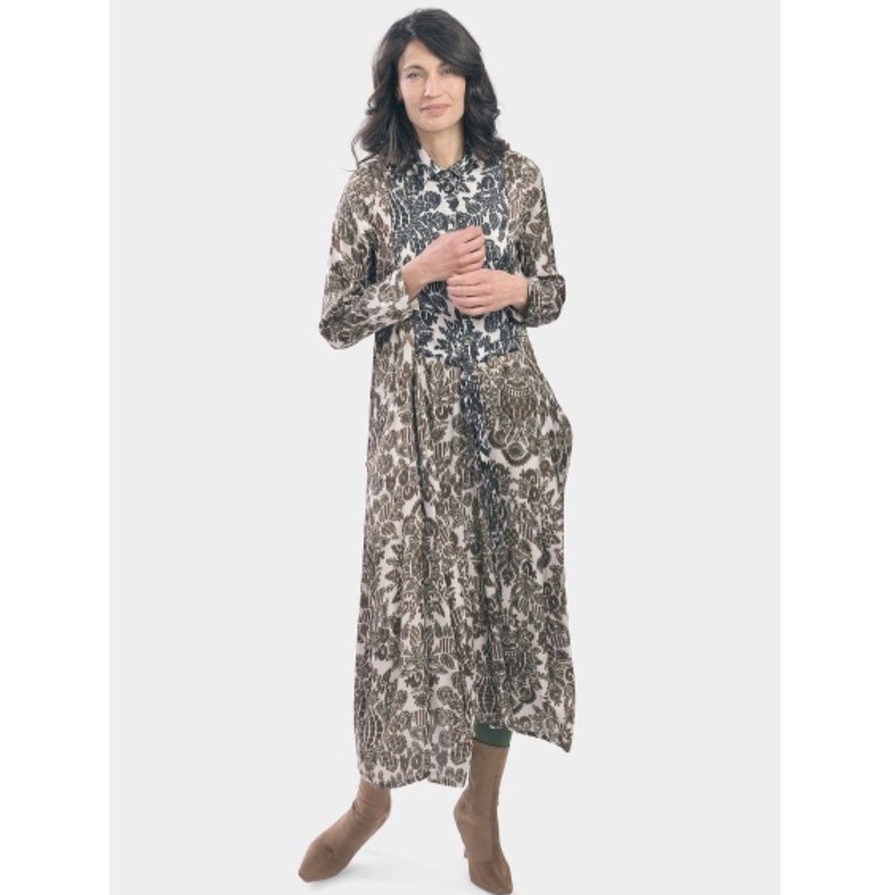 Alembika 2 (US 8-10) Brown Black Damask Ikat Tie Front Arabesque Drape Dress